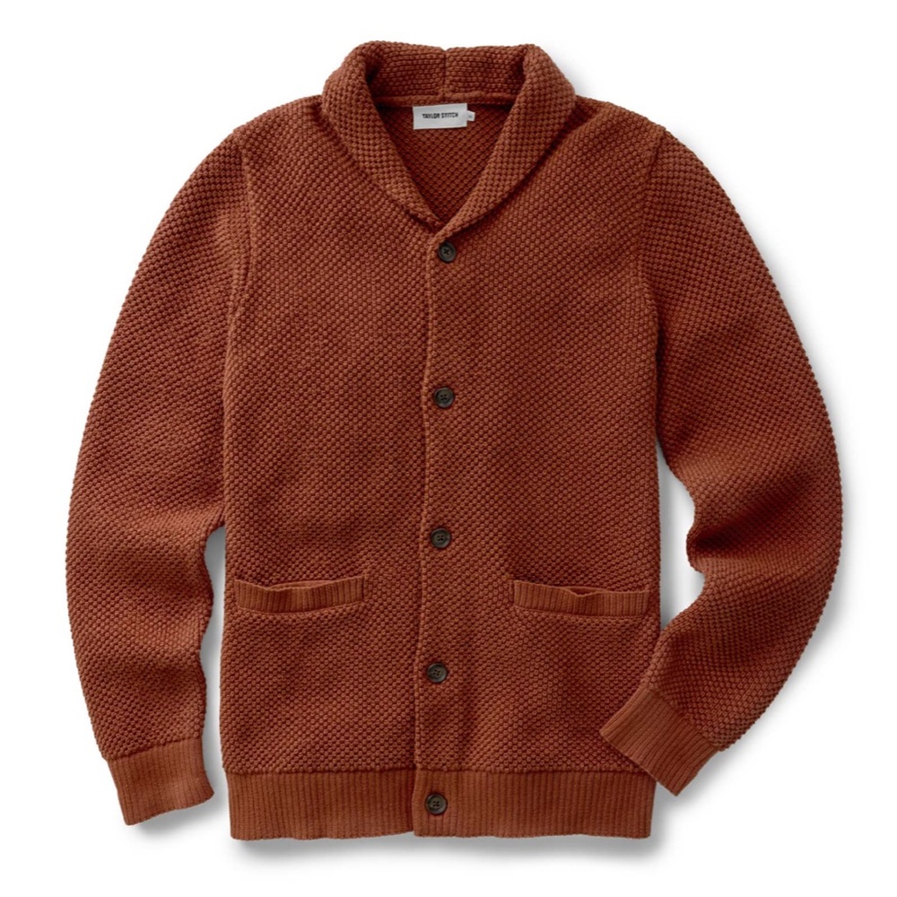 Taylor Stitch Shawl Collar Cardigan in Rust Brown